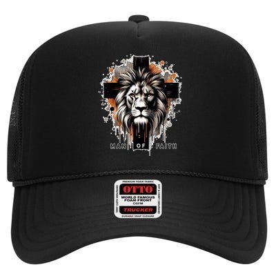 Man Of Faith Lion Of Juda Jesus Christ Cross Christian Catholic High Crown Mesh Back Trucker Hat