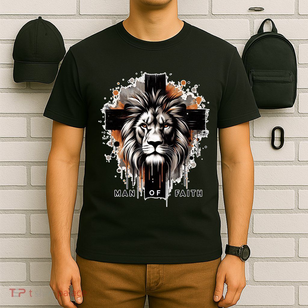 Man Of Faith Lion Of Juda Jesus Christ Cross Christian Catholic T-Shirt