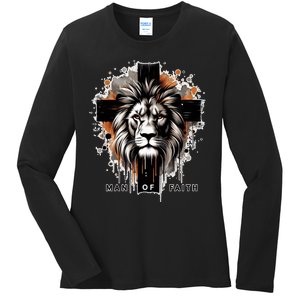 Man Of Faith Lion Of Juda Jesus Christ Cross Christian Catholic Ladies Long Sleeve Shirt