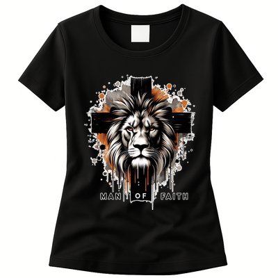 Man Of Faith Lion Of Juda Jesus Christ Cross Christian Catholic Womens T-Shirt