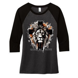 Man Of Faith Lion Of Juda Jesus Christ Cross Christian Catholic Women's Tri-Blend 3/4-Sleeve Raglan Shirt