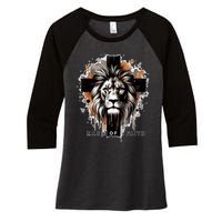 Man Of Faith Lion Of Juda Jesus Christ Cross Christian Catholic Women's Tri-Blend 3/4-Sleeve Raglan Shirt