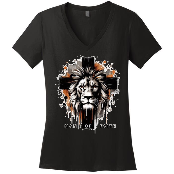 Man Of Faith Lion Of Juda Jesus Christ Cross Christian Catholic Women's V-Neck T-Shirt