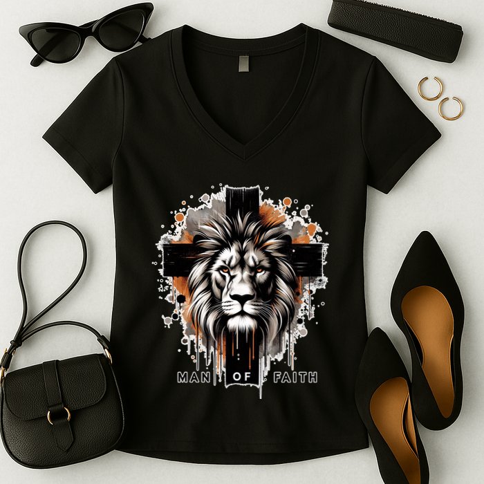Man Of Faith Lion Of Juda Jesus Christ Cross Christian Catholic Women's V-Neck T-Shirt