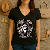 Man Of Faith Lion Of Juda Jesus Christ Cross Christian Catholic Women's V-Neck T-Shirt