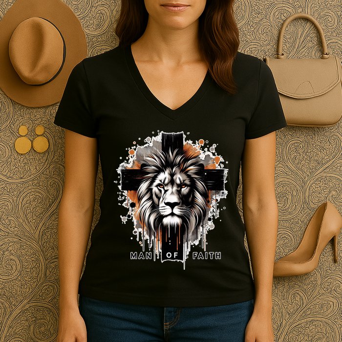 Man Of Faith Lion Of Juda Jesus Christ Cross Christian Catholic Women's V-Neck T-Shirt