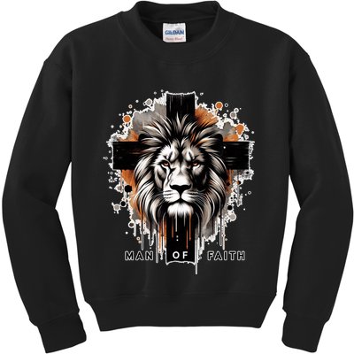 Man Of Faith Lion Of Juda Jesus Christ Cross Christian Catholic Kids Sweatshirt