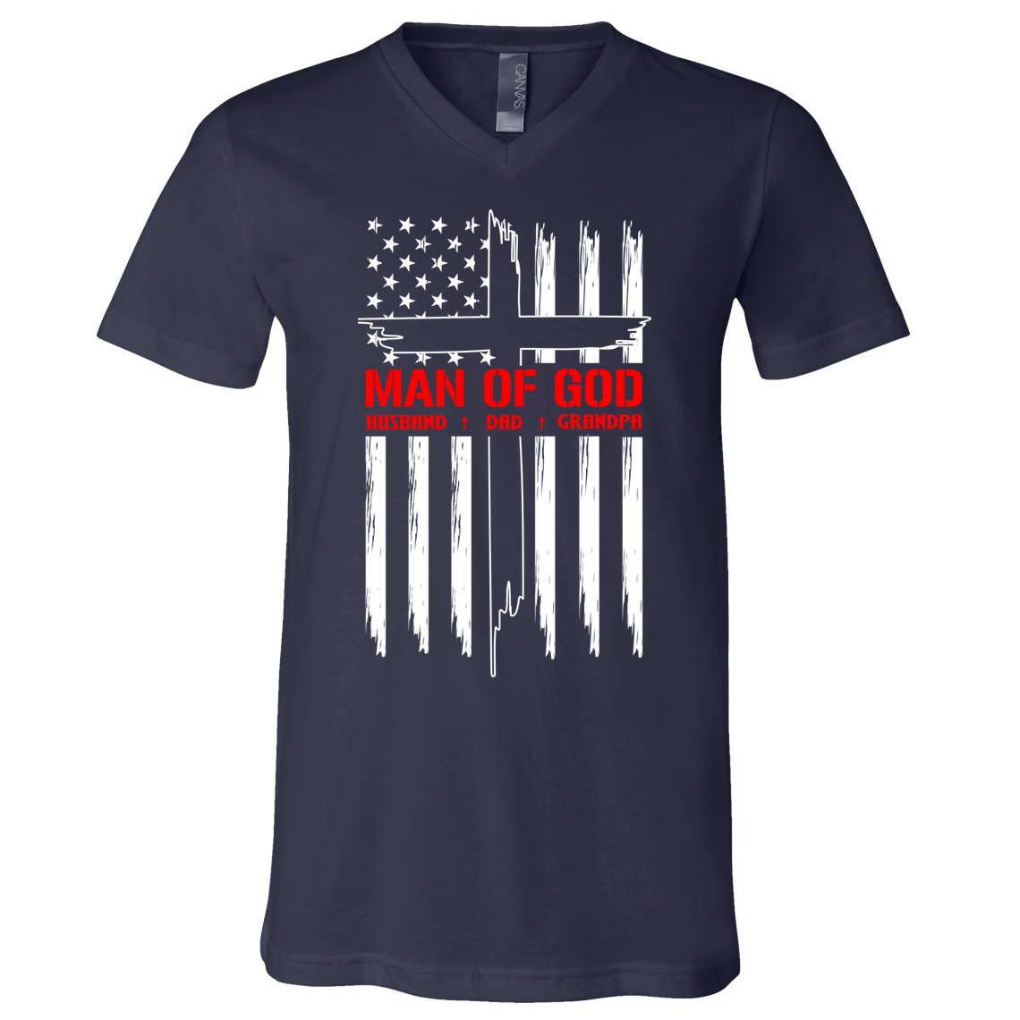 Man Of God Husband Dad Grandpa USA United States Flag Dad Father's Day V-Neck T-Shirt