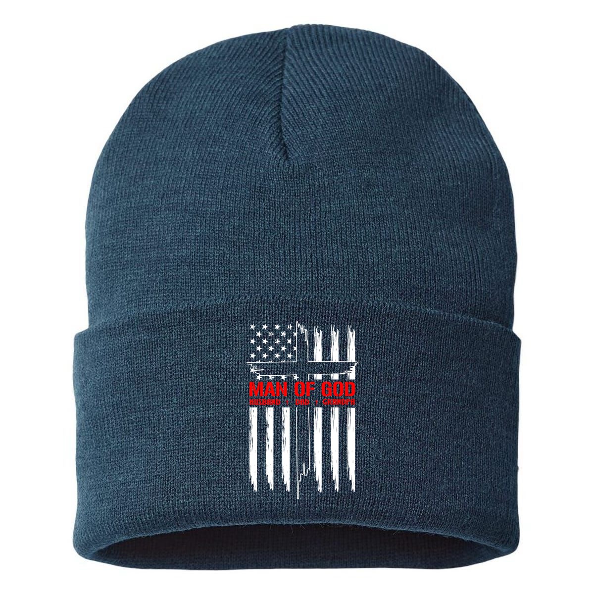 Man Of God Husband Dad Grandpa USA United States Flag Dad Father's Day Sustainable Knit Beanie