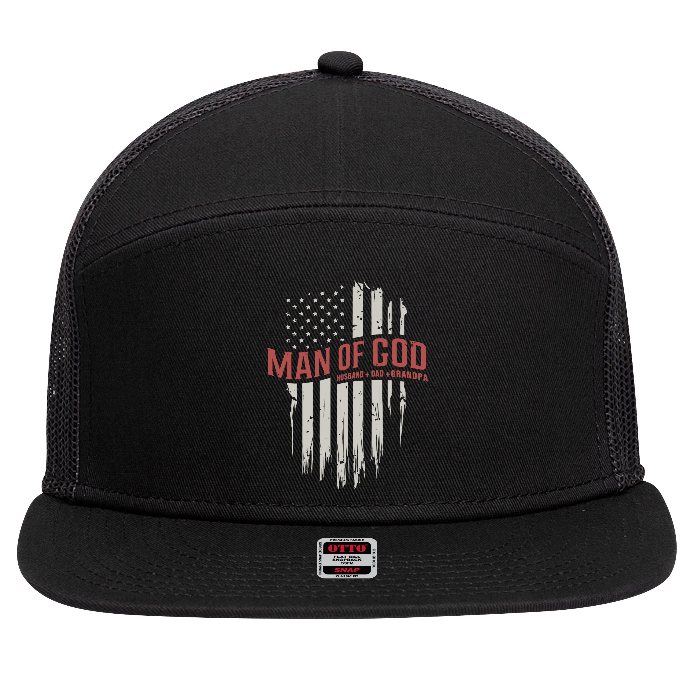 Man Of God Husband Dad Grandpa United States Flag Father's Day 7 Panel Mesh Trucker Snapback Hat