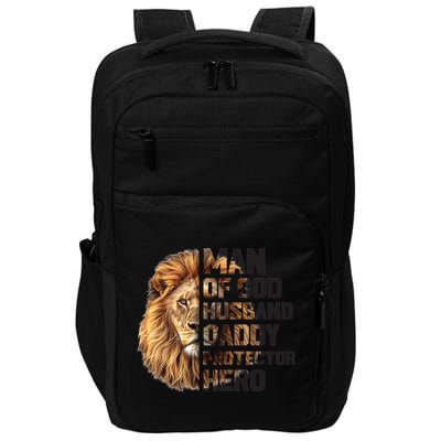 Man Of God Husband Daddy Protector Hero Dad Lion Father's Day Impact Tech Backpack