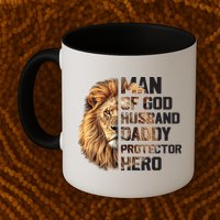 Man Of God Husband Daddy Protector Hero Dad Lion Father's Day Mug
