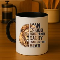Man Of God Husband Daddy Protector Hero Dad Lion Father's Day Mug