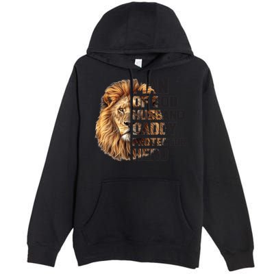 Man Of God Husband Daddy Protector Hero Dad Lion Father's Day Premium Pullover Hoodie