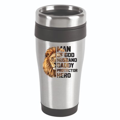 Man Of God Husband Daddy Protector Hero Dad Lion Father's Day 16oz Travel Tumbler