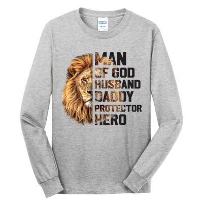 Man Of God Husband Daddy Protector Hero Dad Lion Father's Day Tall Long Sleeve T-Shirt