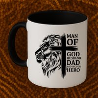 Man Of God Husband Daddy Protector Hero Dad Lion Jesus Cross Mug