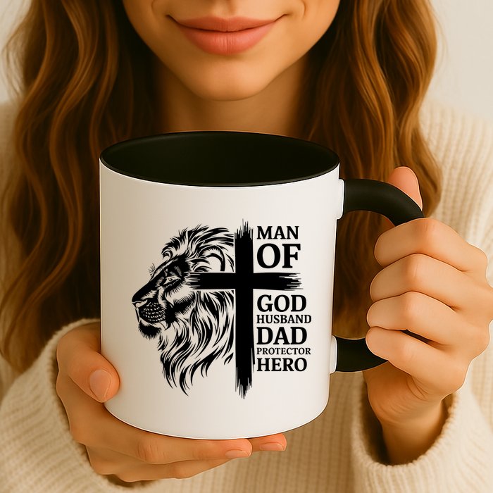 Man Of God Husband Daddy Protector Hero Dad Lion Jesus Cross Mug