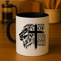 Man Of God Husband Daddy Protector Hero Dad Lion Jesus Cross Mug