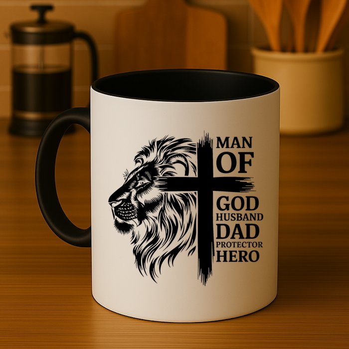 Man Of God Husband Daddy Protector Hero Dad Lion Jesus Cross Mug