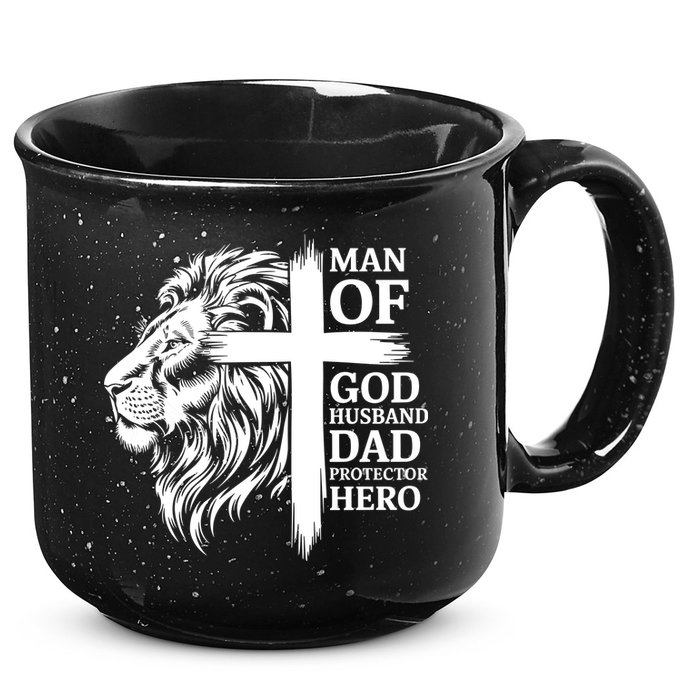 Man Of God Husband Daddy Protector Hero Dad Lion Jesus Cross 15oz Campfire Ceramic Mug
