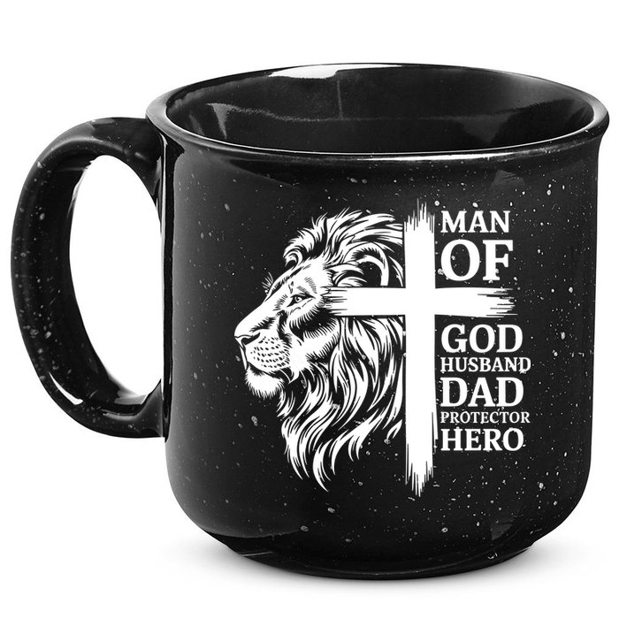 Man Of God Husband Daddy Protector Hero Dad Lion Jesus Cross 15oz Campfire Ceramic Mug