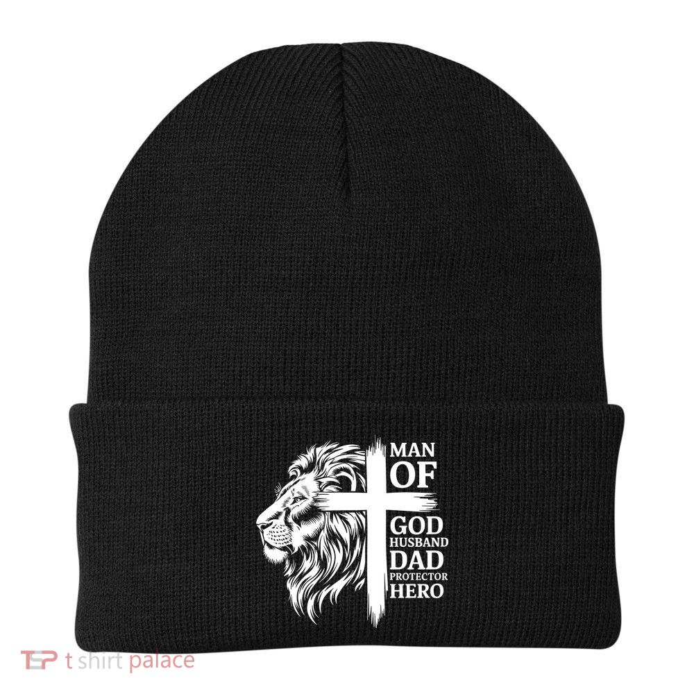 Man Of God Husband Daddy Protector Hero Dad Lion Jesus Cross Beanie