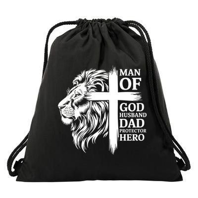 Man Of God Husband Daddy Protector Hero Dad Lion Jesus Cross Drawstring Bag