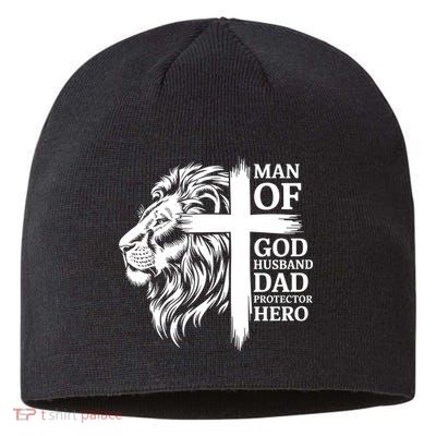 Man Of God Husband Daddy Protector Hero Dad Lion Jesus Cross Sustainable Beanie