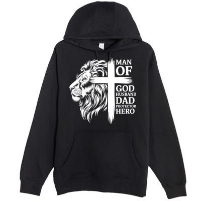 Man Of God Husband Daddy Protector Hero Dad Lion Jesus Cross Premium Pullover Hoodie
