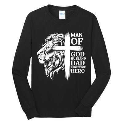Man Of God Husband Daddy Protector Hero Dad Lion Jesus Cross Tall Long Sleeve T-Shirt