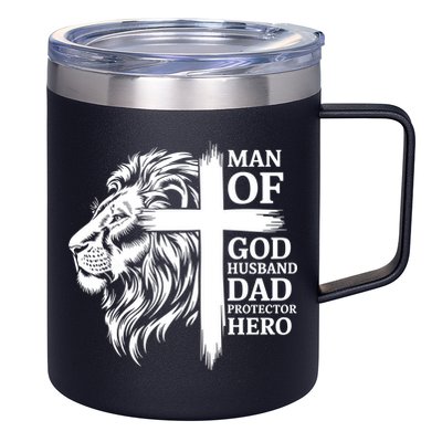 Man Of God Husband Daddy Protector Hero Dad Lion Jesus Cross 12oz Stainless Steel Coffee Mug