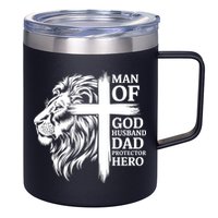 Man Of God Husband Daddy Protector Hero Dad Lion Jesus Cross 12oz Stainless Steel Coffee Mug