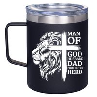 Man Of God Husband Daddy Protector Hero Dad Lion Jesus Cross 12oz Stainless Steel Coffee Mug