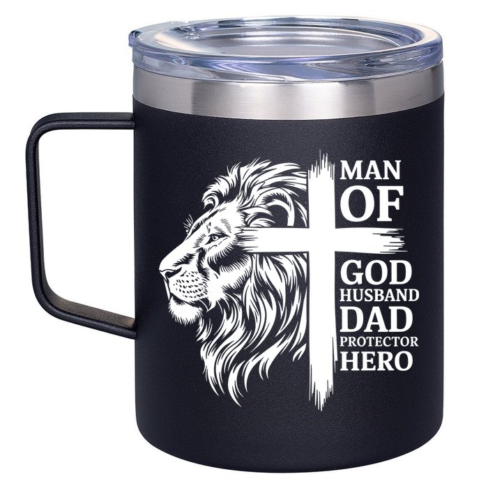 Man Of God Husband Daddy Protector Hero Dad Lion Jesus Cross 12oz Stainless Steel Coffee Mug
