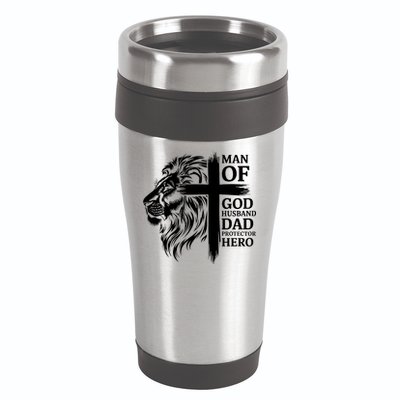 Man Of God Husband Daddy Protector Hero Dad Lion Jesus Cross 16oz Travel Tumbler