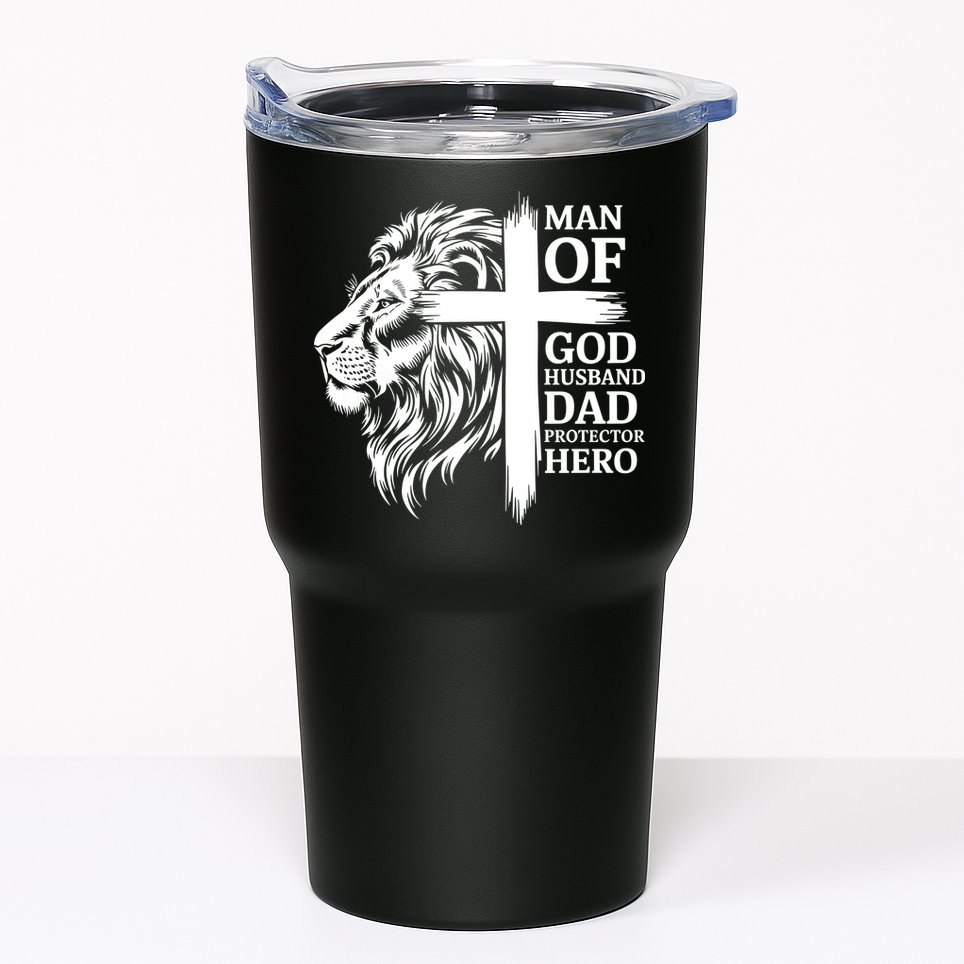 Man Of God Husband Daddy Protector Hero Dad Lion Jesus Cross Tumbler