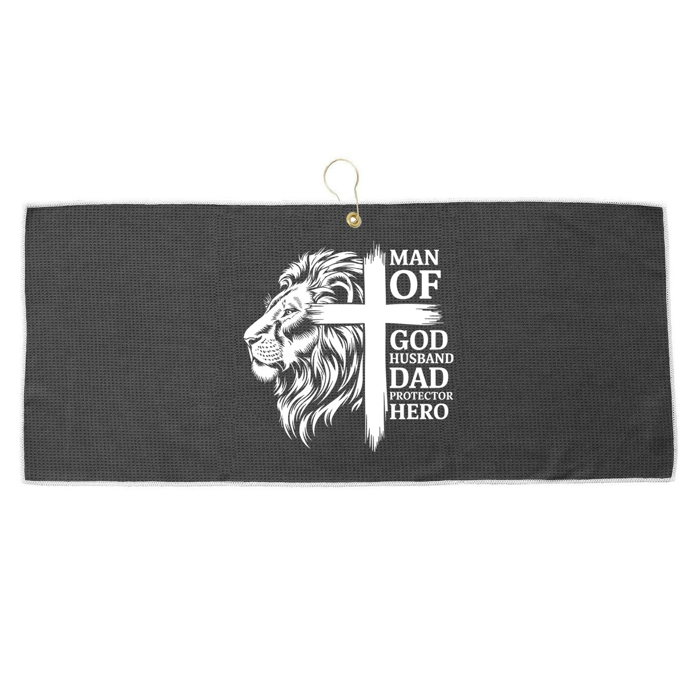 Man Of God Husband Daddy Protector Hero Dad Lion Jesus Cross Large Microfiber Waffle Golf Towel