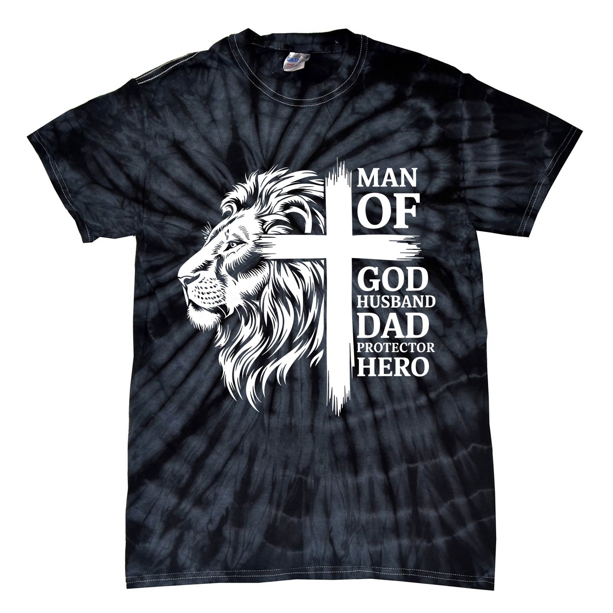 Man Of God Husband Daddy Protector Hero Dad Lion Jesus Cross Tie-Dye T-Shirt