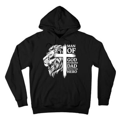 Man Of God Husband Daddy Protector Hero Dad Lion Jesus Cross Tall Hoodie