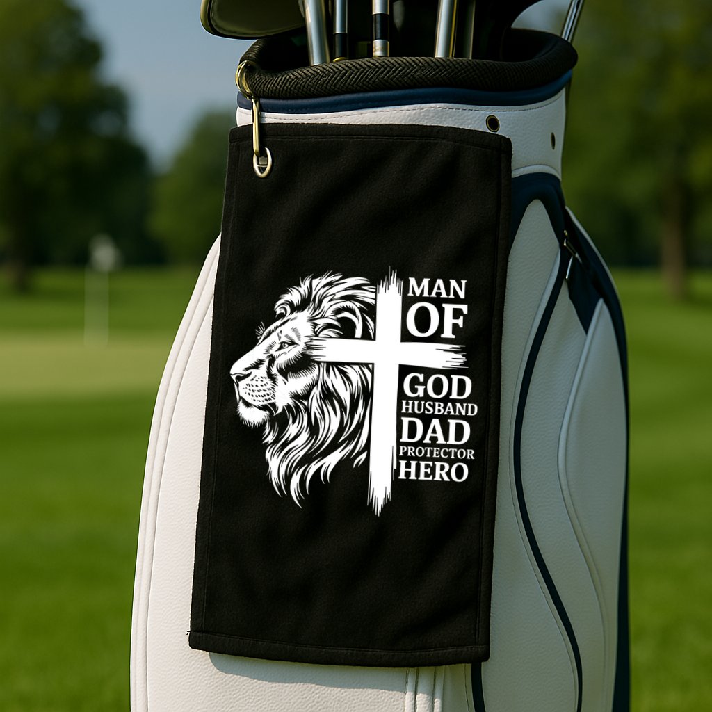 Man Of God Husband Daddy Protector Hero Dad Lion Jesus Cross Golf Towel