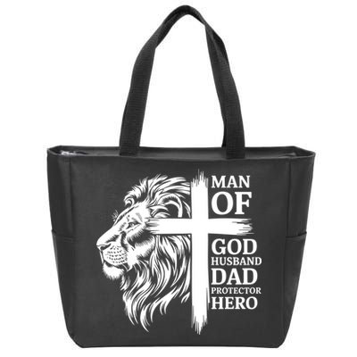 Man Of God Husband Daddy Protector Hero Dad Lion Jesus Cross Zip Tote Bag