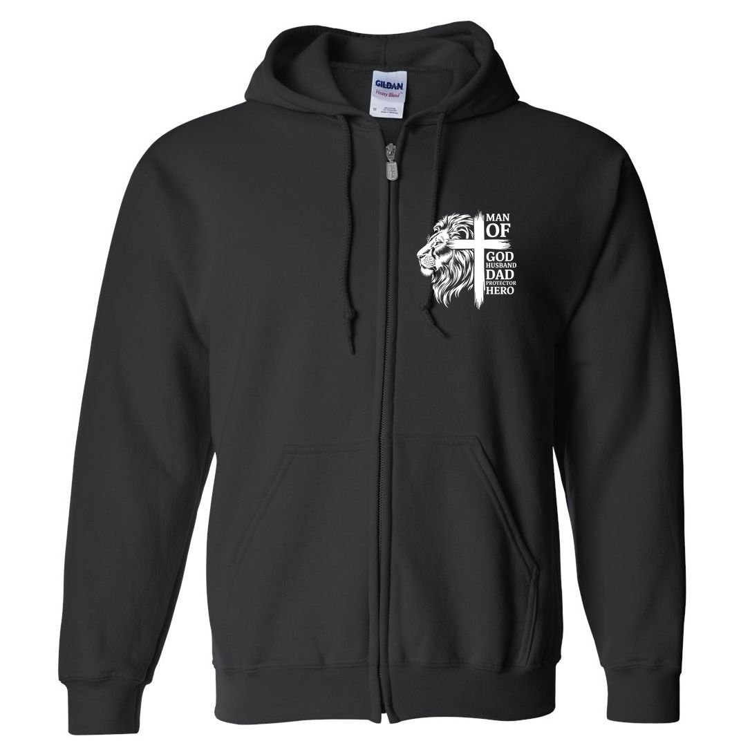 Man Of God Husband Daddy Protector Hero Dad Lion Jesus Cross Full Zip Hoodie