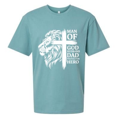 Man Of God Husband Daddy Protector Hero Dad Lion Jesus Cross Sueded Cloud Jersey T-Shirt