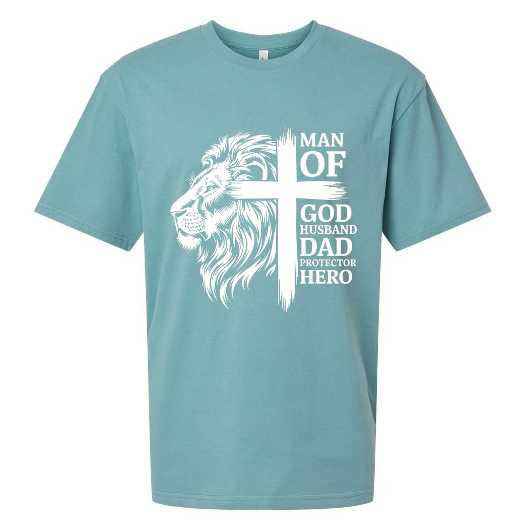 Man Of God Husband Daddy Protector Hero Dad Lion Jesus Cross Sueded Cloud Jersey T-Shirt
