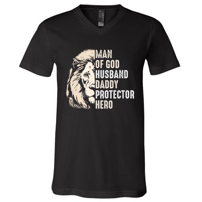 Man Of God Husband Daddy Protector Hero Lion V-Neck T-Shirt