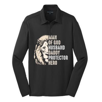 Man Of God Husband Daddy Protector Hero Lion Silk Touch Performance Long Sleeve Polo