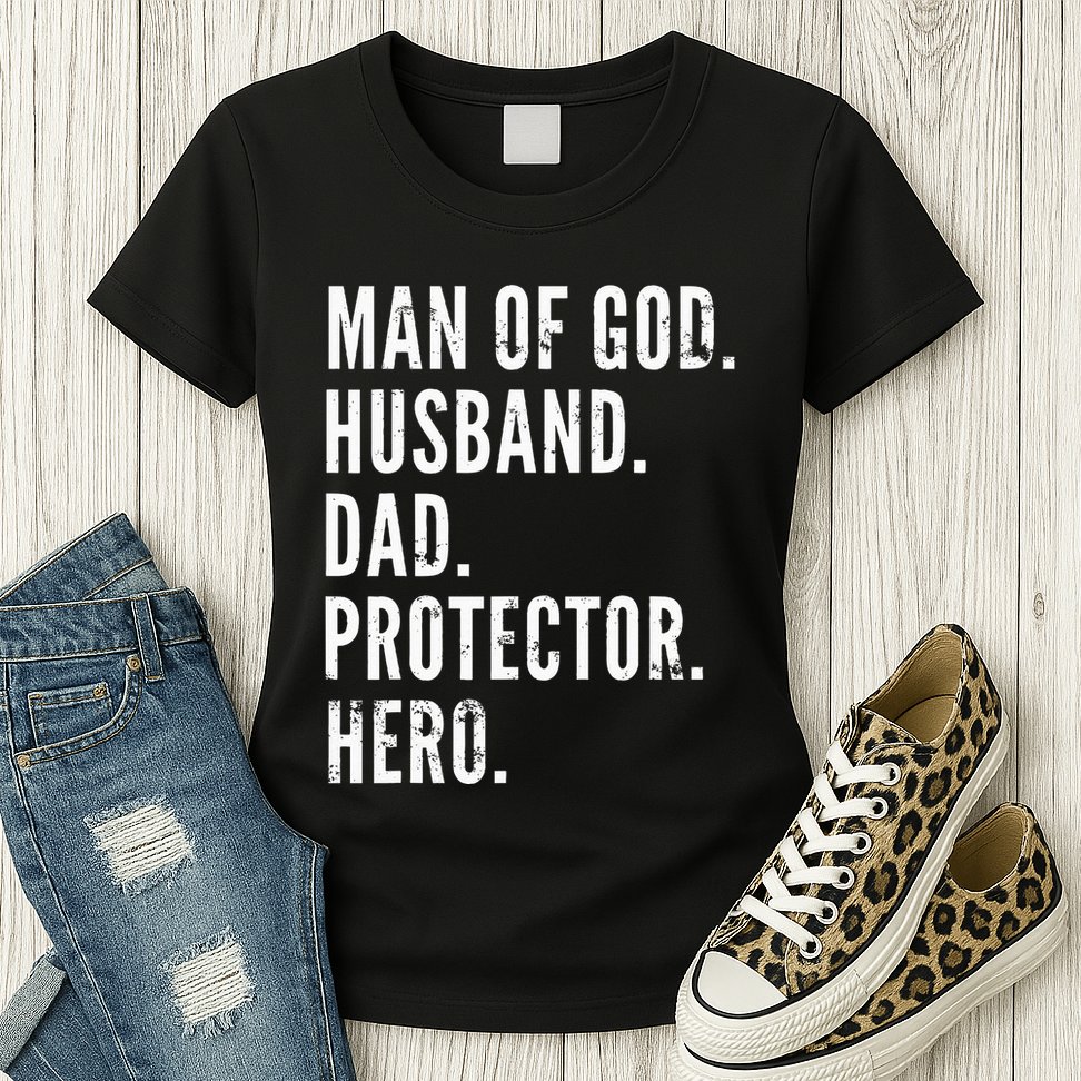 Man of God Husband Dad Protector Hero Womens T-Shirt