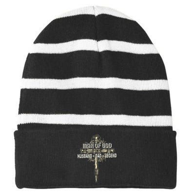 Man Of God Husband Dad Happy Fathers Day Proud Christian Striped Beanie with Solid Band