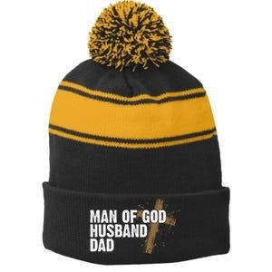 Man Of God Husband Dad Religious Cross Fathers Day Stripe Pom Pom Beanie